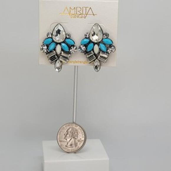 Amrita Crystal Round Baguette Pear Cyan & Ivory Color Stud Earrings - Picture 3 of 4